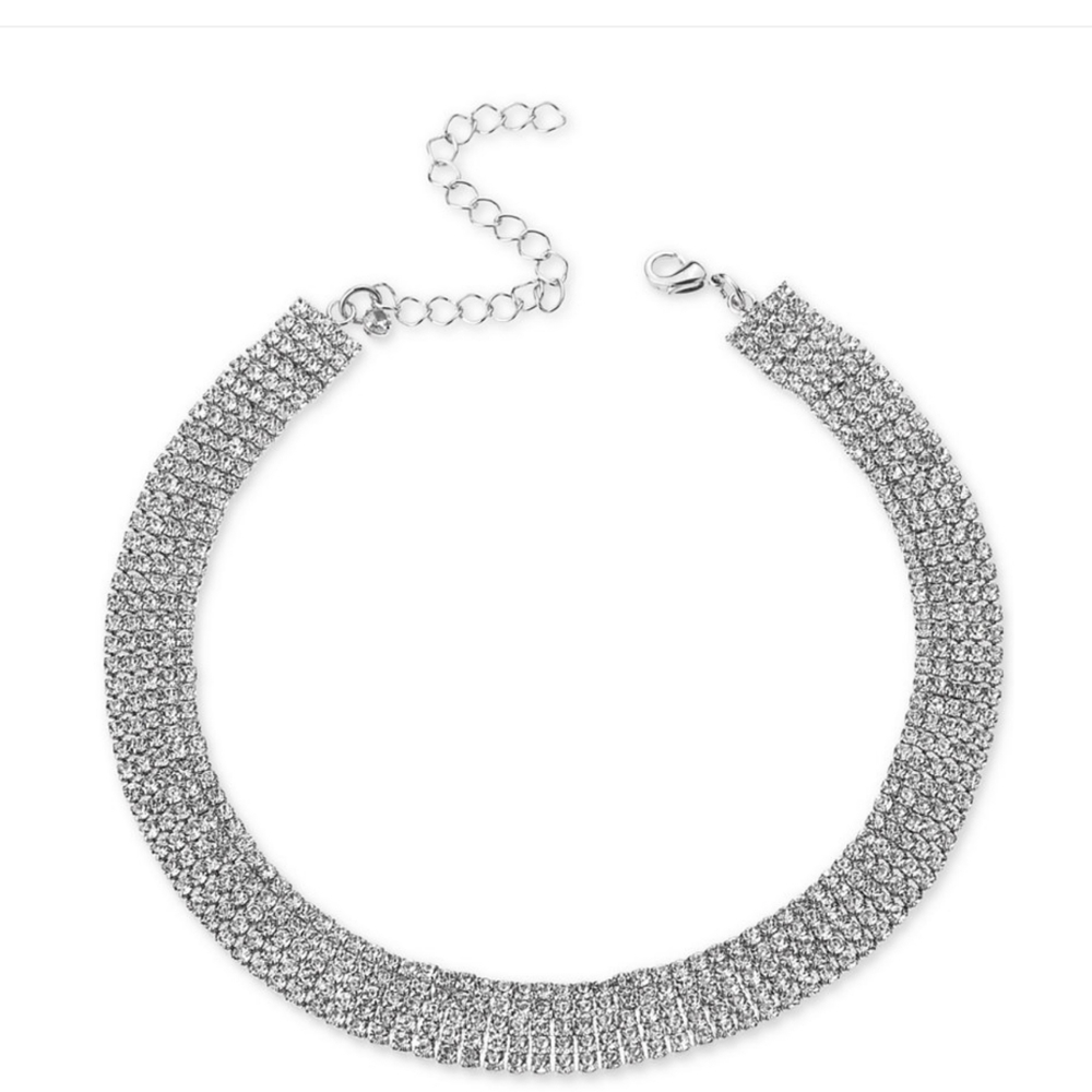 INC Silver Tone Rhinestone Wide Choker Necklace